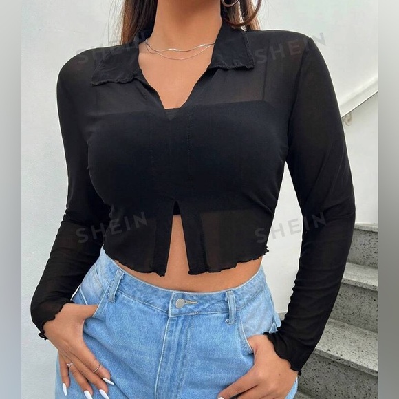 SHEIN Sheer Long Sleeve V-Neck Collared Mesh Black Crop Top EUC - Picture 6 of 9